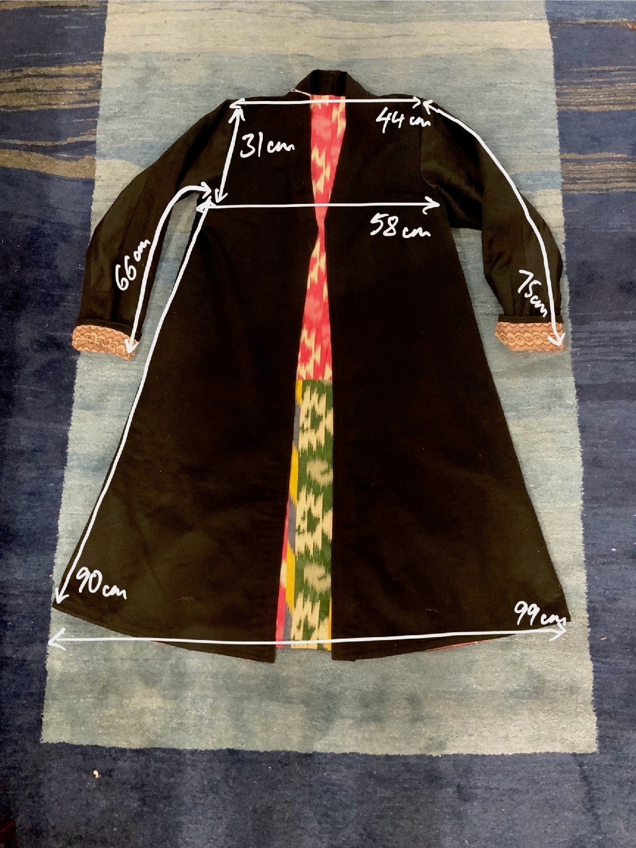 Uzbekistan black serge chapan with ikat design print lining