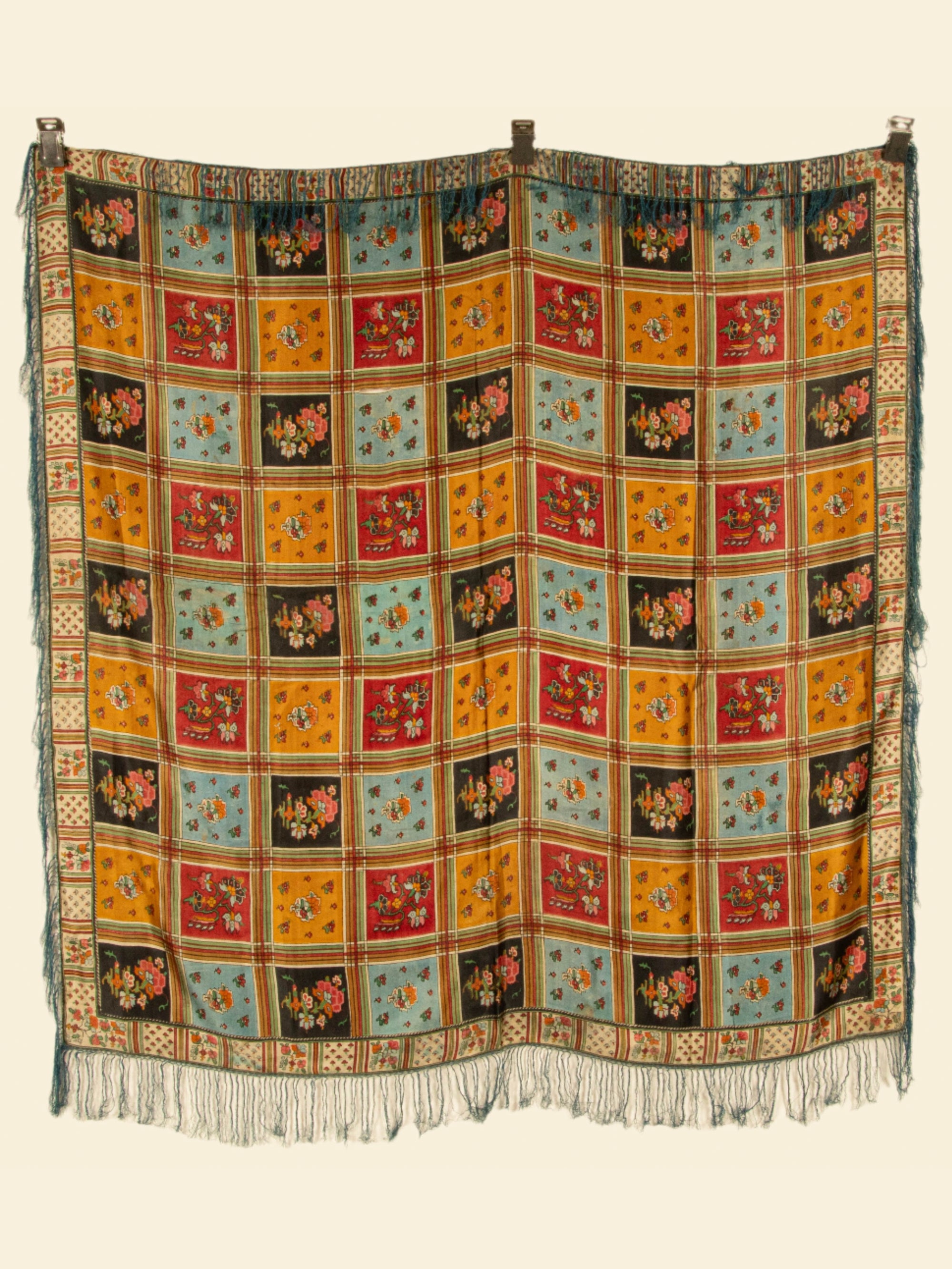 Victorian antique printed silk shawl (153 x 146cm)