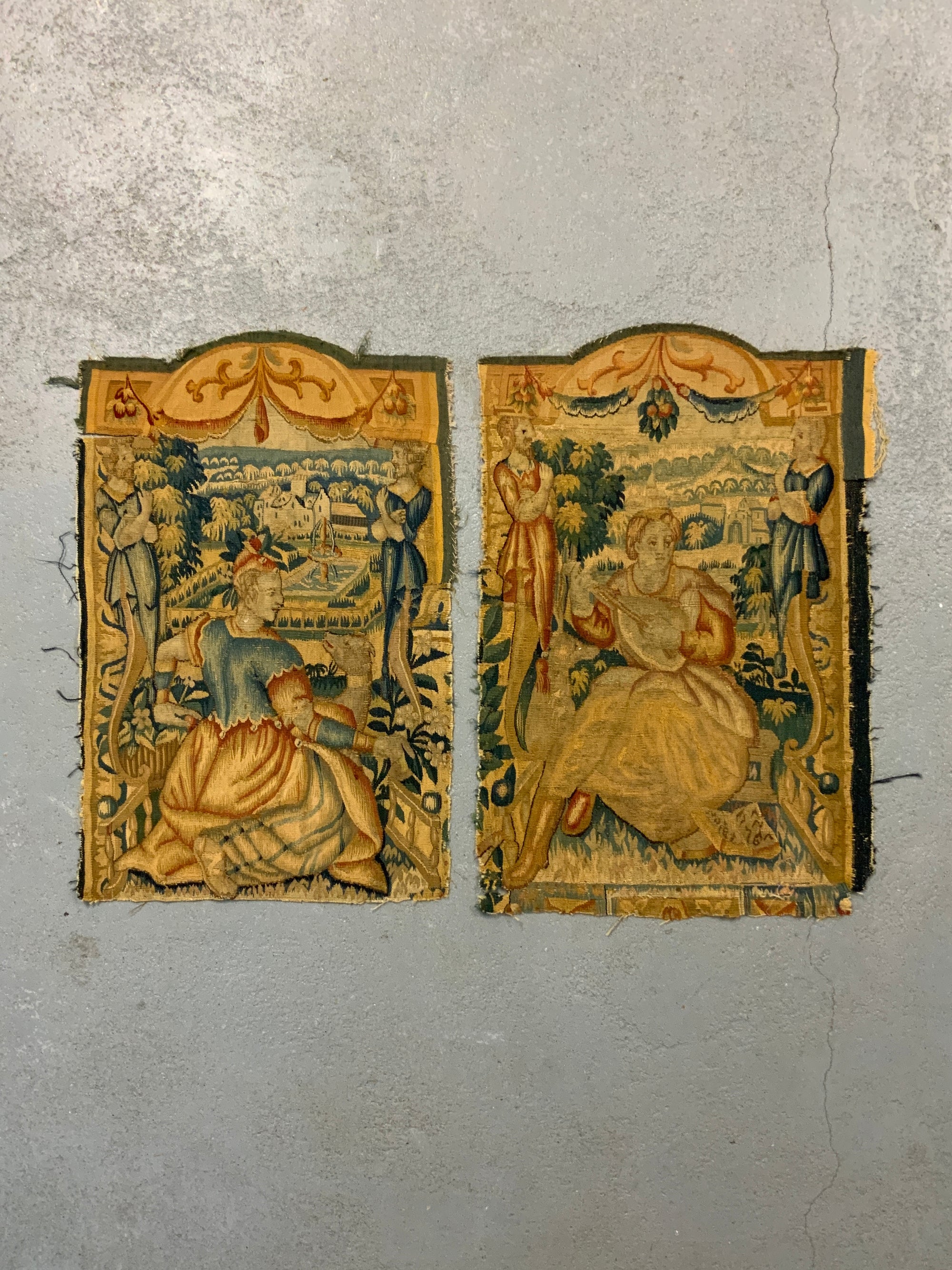 Pair of Brussels antique tapestry border fragments (72 x 47cm) [2] *AF