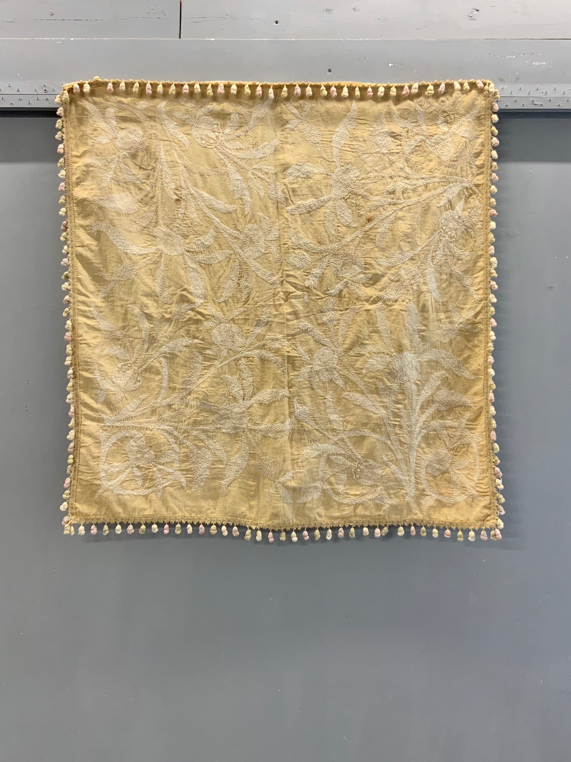 Turkish Ottoman antique silk embroidered bohçe on silk ground (96 x 90cm)