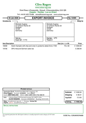 Dutch ship sampler ‘Anno 1720’ (70 x 30cm)