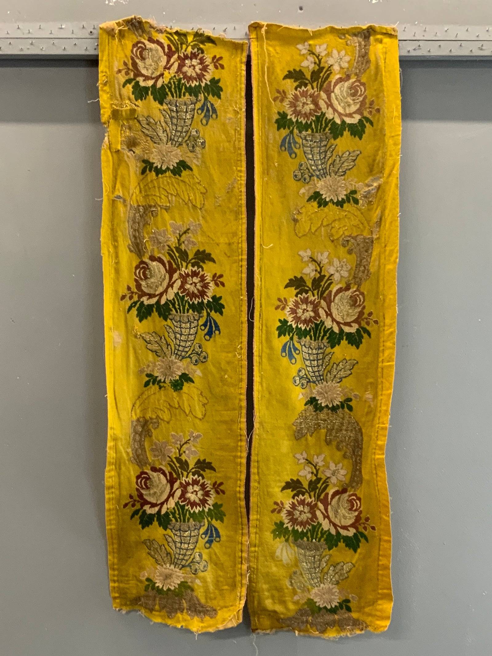 Pair Canary Yellow Silk with silver-work antique bands (105 x 27)