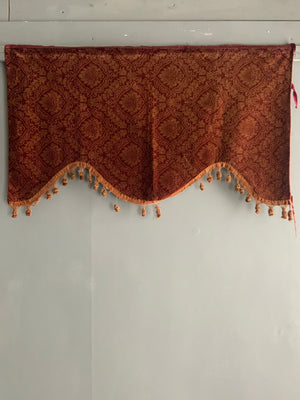 3 x Victorian printed and etched red ochre velvet pelmets (~111 x 63cm)