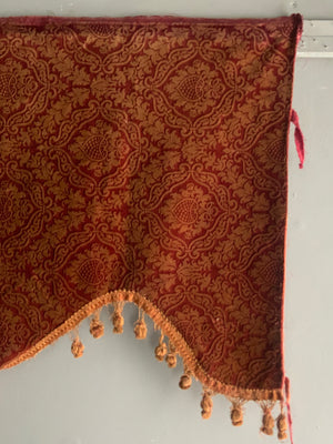 3 x Victorian printed and etched red ochre velvet pelmets (~111 x 63cm)