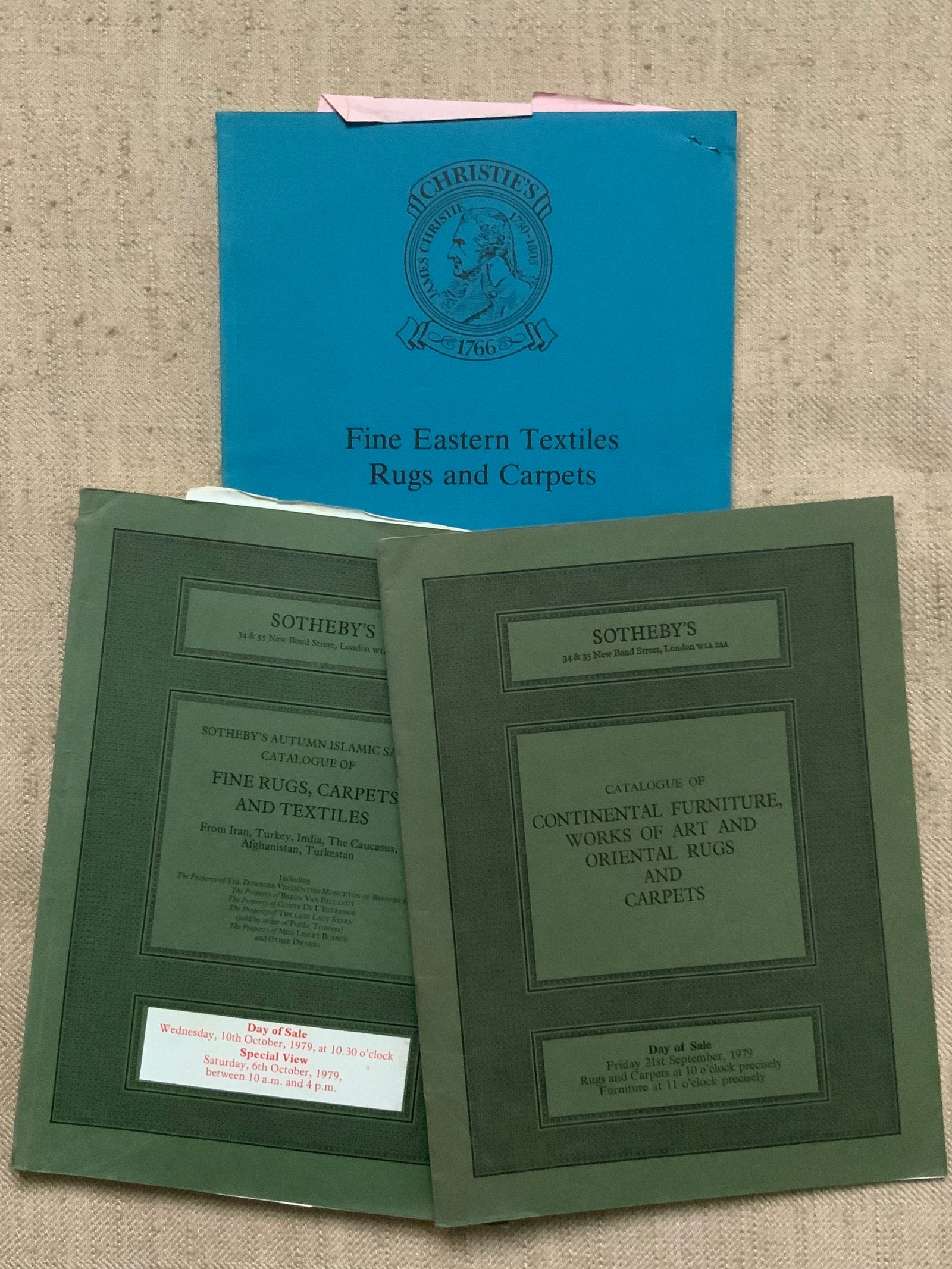 3 x carpet auction catalogues 1979, Sotheby's and Christie’s wit results