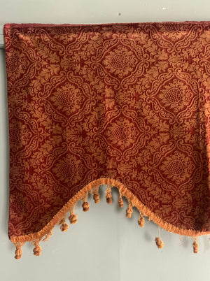 3 x Victorian printed and etched red ochre velvet pelmets (~111 x 63cm)