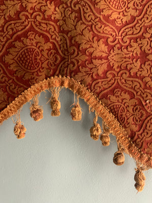 3 x Victorian printed and etched red ochre velvet pelmets (~111 x 63cm)