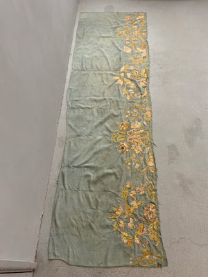 Continental antique foliate embroidery on blue silk (264 x 79cm)