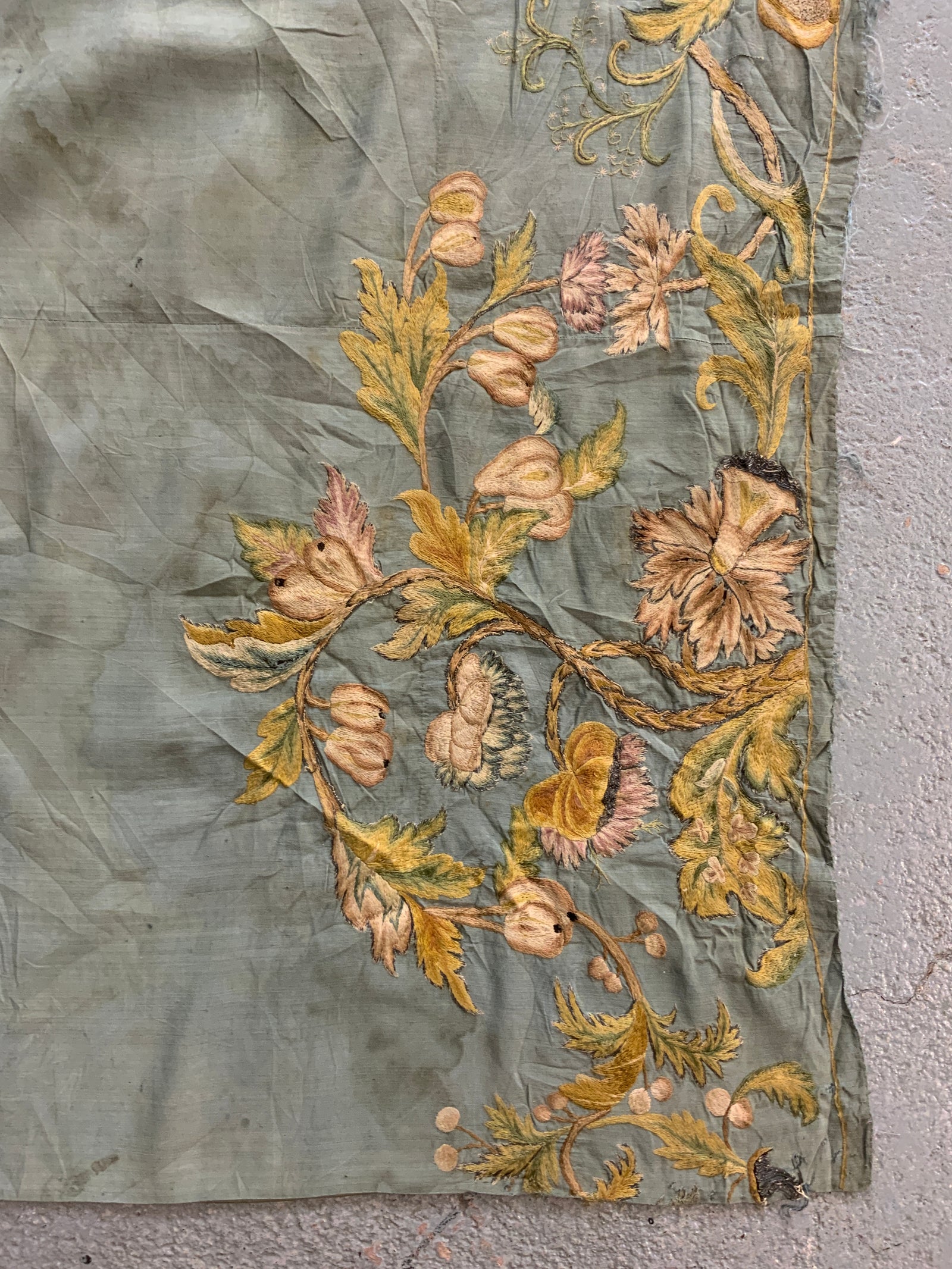 Continental antique foliate embroidery on blue silk (264 x 79cm)