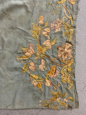 Continental antique foliate embroidery on blue silk (264 x 79cm)