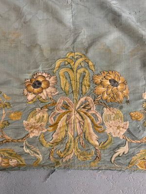 Continental antique foliate embroidery on blue silk (264 x 79cm)