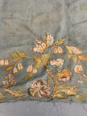 Continental antique foliate embroidery on blue silk (264 x 79cm)