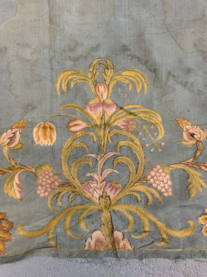 Continental antique foliate embroidery on blue silk (264 x 79cm)