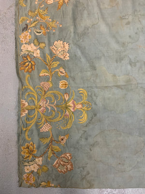 Continental antique foliate embroidery on blue silk (264 x 79cm)