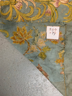 Continental antique foliate embroidery on blue silk (264 x 79cm)