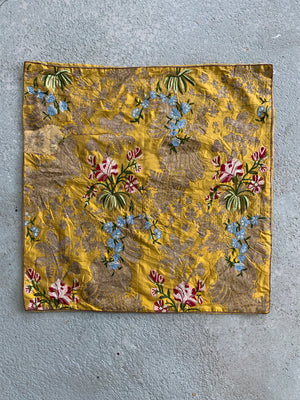 Continental antique composite yellow silk cushion (56 x 56cm)