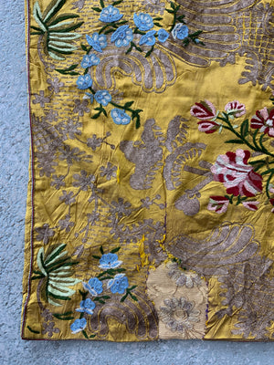 Continental antique composite yellow silk cushion (56 x 56cm)