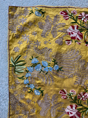 Continental antique composite yellow silk cushion (56 x 56cm)
