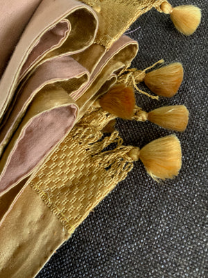Golden Art deco lined silk drape with tassels (254 x 174cm)