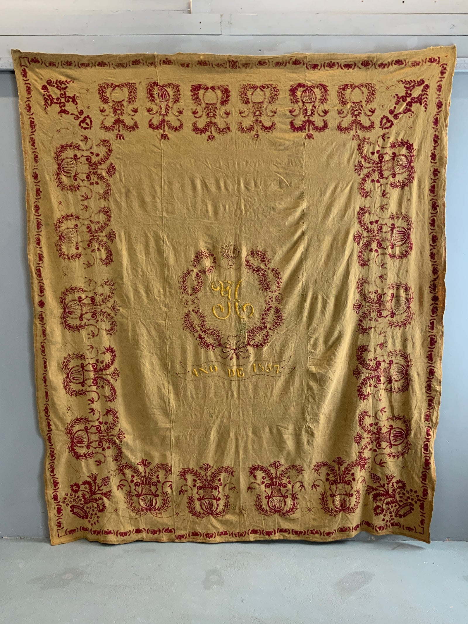Iberian monogrammed antique wool embroidered coverlet (234 x 204cm)