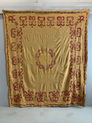 Iberian monogrammed antique wool embroidered coverlet (234 x 204cm)