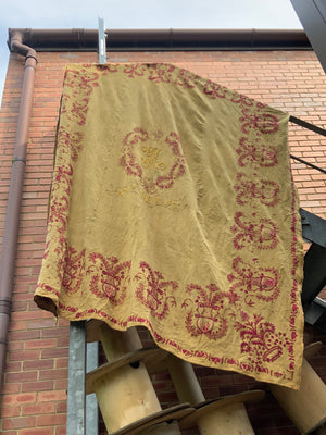 Iberian monogrammed antique wool embroidered coverlet (234 x 204cm)