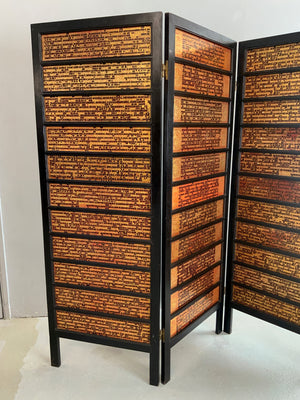 Four fold screen with Burmese lacquered Kammavaca sutras (182 x 64cm)