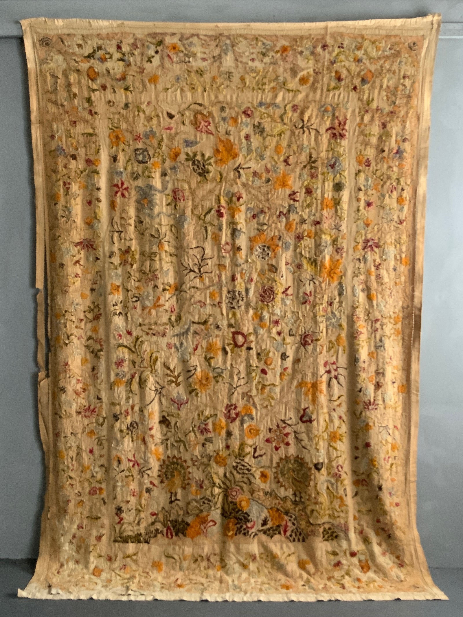 Pair of vintage Anglo Indian chain stitch wool crewel works (~260 x 170cm) [2]