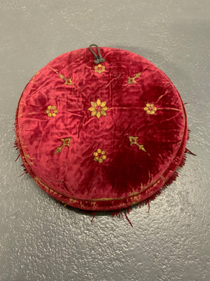 Indian velvet antique squab cushion (38cm diameter)