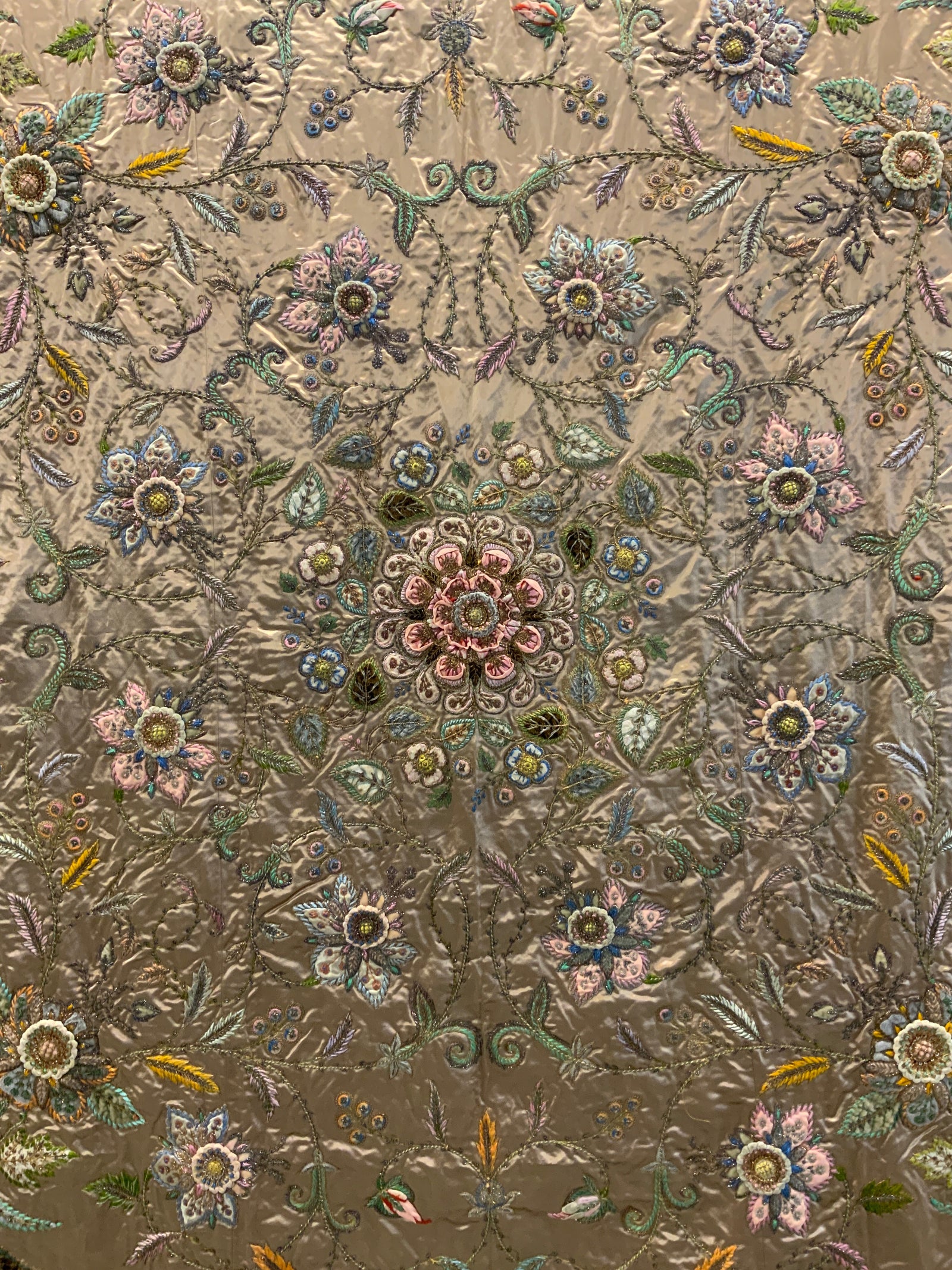 Indo-European satin silk zardosi embroidered bedcover (173 x 173cm)