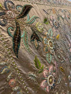 Indo-European satin silk zardosi embroidered bedcover (173 x 173cm)