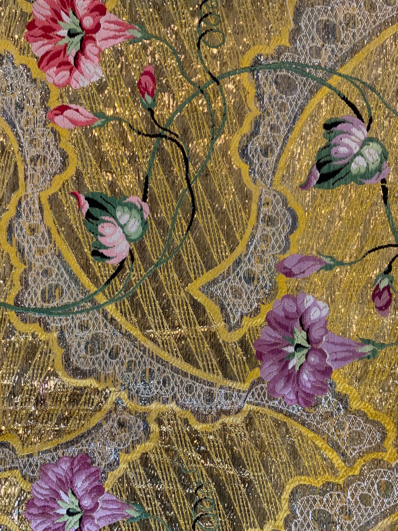 French or Muscovy antique small gilt silk brocade fragment (46 x 21cm)