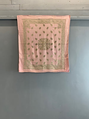 Turkish Bursa or Chios pink satin silk with silver brocade (87 x 93cm)