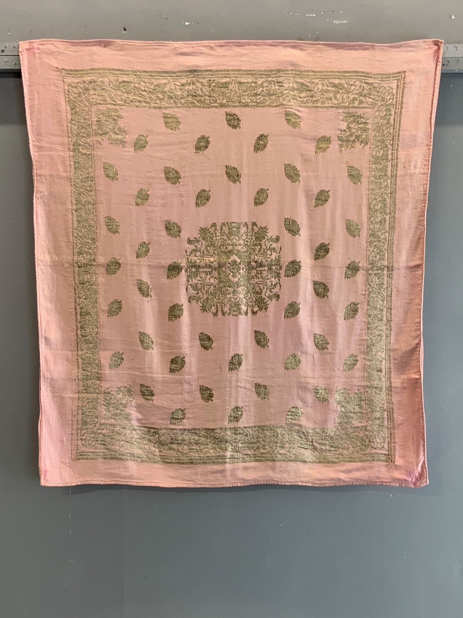 Turkish Bursa or Chios pink satin silk with silver brocade (87 x 93cm)