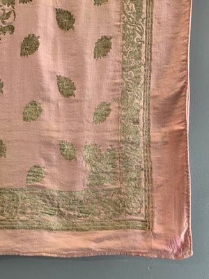 Turkish Bursa or Chios pink satin silk with silver brocade (87 x 93cm)