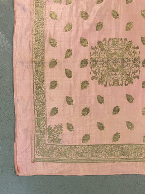 Turkish Bursa or Chios pink satin silk with silver brocade (87 x 93cm)