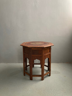 Indian antique Hoshiapur folding brass inlay octagonal table (52 x 50cm)