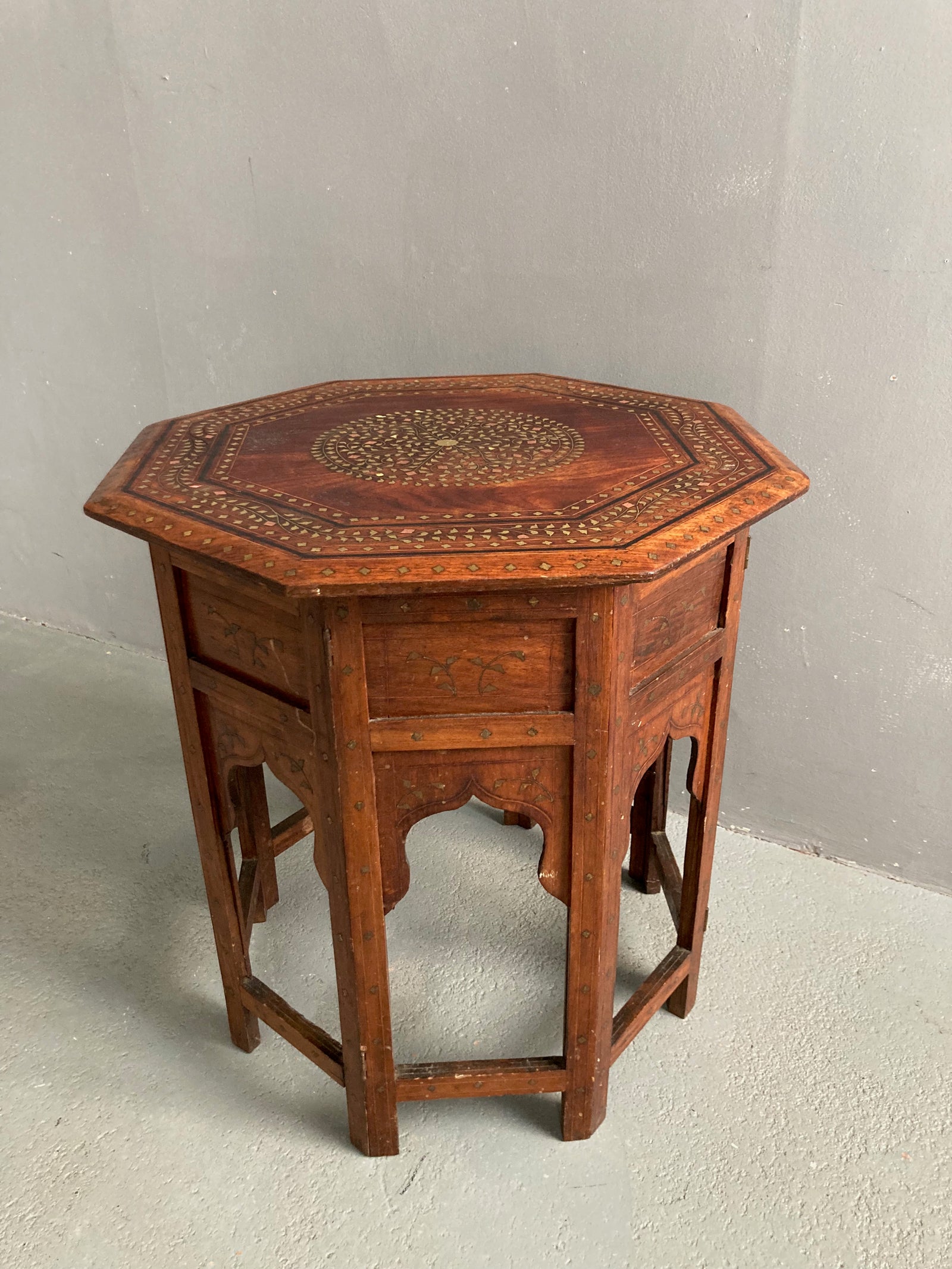 Indian antique Hoshiapur folding brass inlay octagonal table (52 x 50cm)