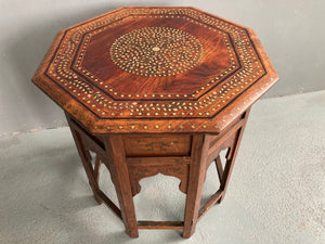 Indian antique Hoshiapur folding brass inlay octagonal table (52 x 50cm)