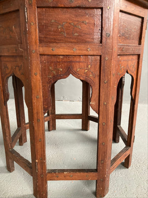 Indian antique Hoshiapur folding brass inlay octagonal table (52 x 50cm)