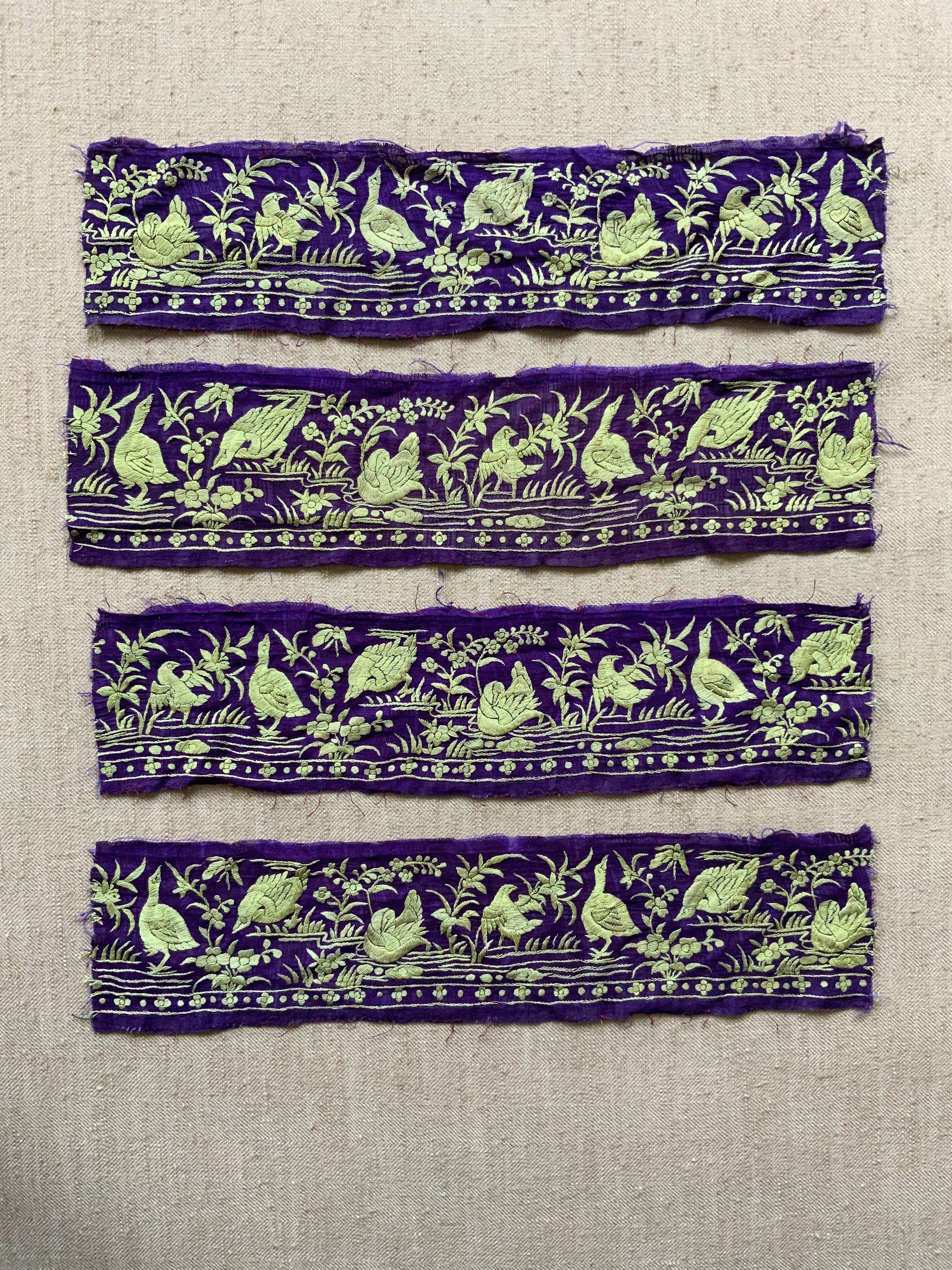 Surat or Chinese Parsi work embroidered fragments (11 x 48cm) [4]