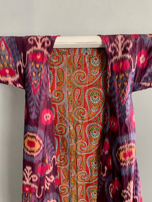 Uzbekistan antique shahin ikat robe lined with abr / abrbandi ikat