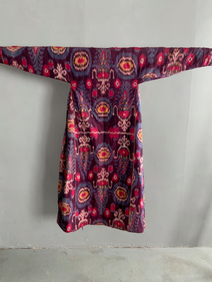 Uzbekistan antique shahin ikat robe lined with abr / abrbandi ikat