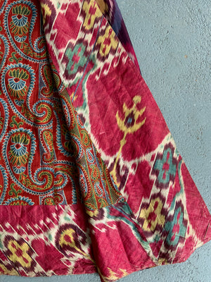 Uzbekistan antique shahin ikat robe lined with abr / abrbandi ikat
