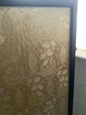 Victorian gold silk lampas framed and glazed (114 x 58cm)