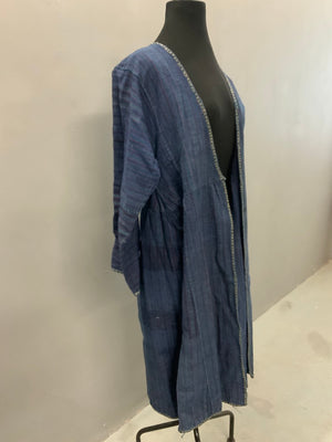 Khivan Uzbek or Turkmen indigo striped cotton chapan (108cm)