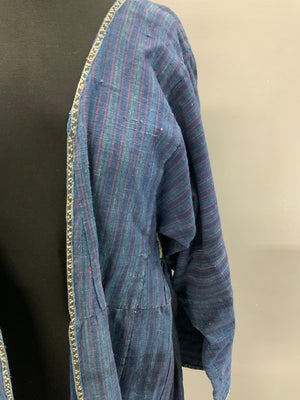 Khivan Uzbek or Turkmen indigo striped cotton chapan (108cm)
