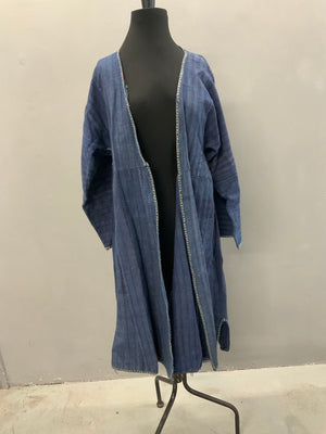 Khivan Uzbek or Turkmen indigo striped cotton chapan (108cm)