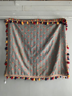 Mexican (?) cover brocaded in silk with pom poms (112 x 112cm)