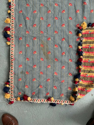 Mexican (?) cover brocaded in silk with pom poms (112 x 112cm)